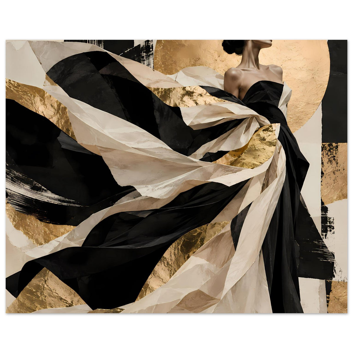 Kunstposter, horizontal: Teilansicht von Frau und schwarzem Kleid, mit creme und goldfarbenen Akzenten