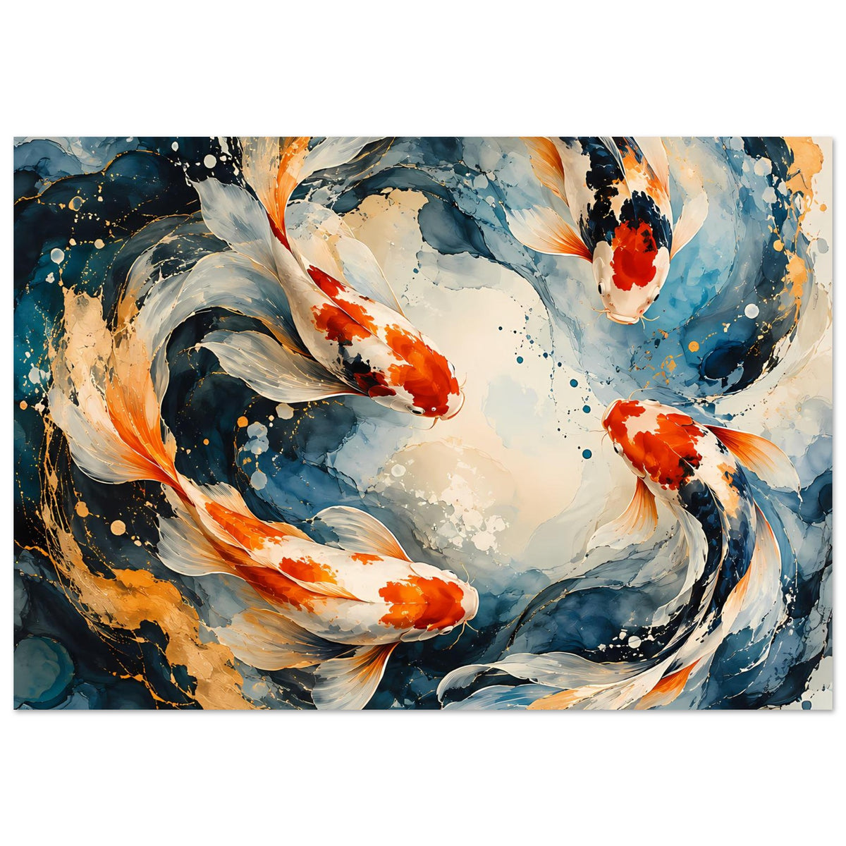 Japanisches Poster im Querformat mit Koi-Fischen, blau-orange Farbwirbel und Spritzdekor.