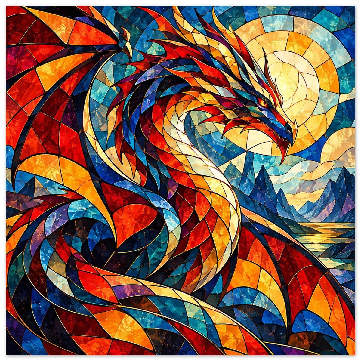 Drachen-Glasmalerei-Poster: breites Motiv, Drache mit Mosaikflügeln und Lichtsäumen
