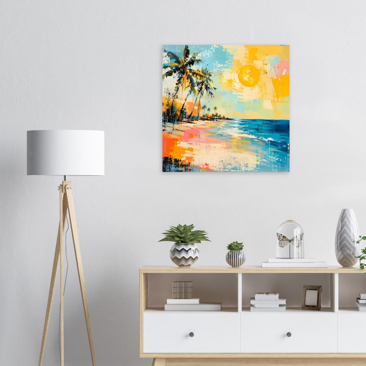 Quadratisches Poster mit Palmen, Meer und Sonne in Blau, Gelb und Orange