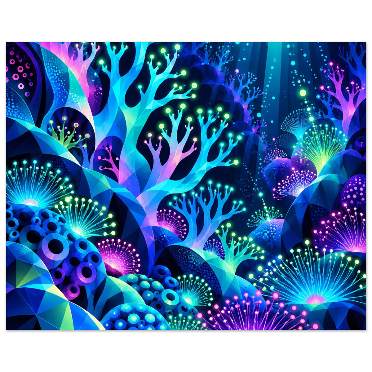 Unterwasser-Poster im Querformat mit bunten Korallen, Blasen und Neonlicht