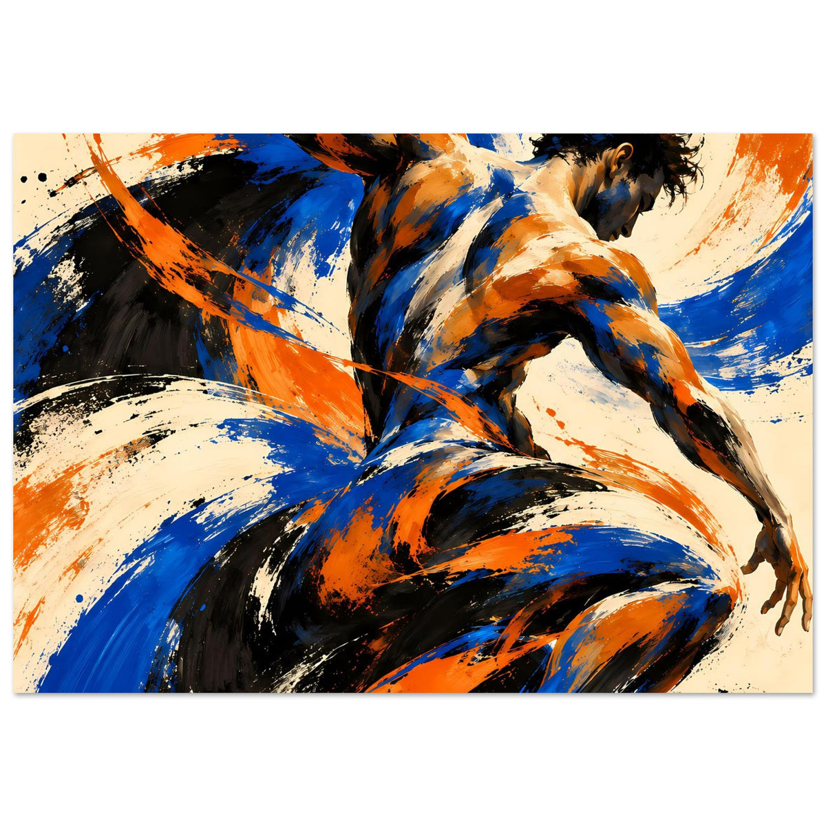 Kunstposter mit abstrakter Aktfigur, blaue und orangefarbene Wirbel über schwarzem Farbauftrag
