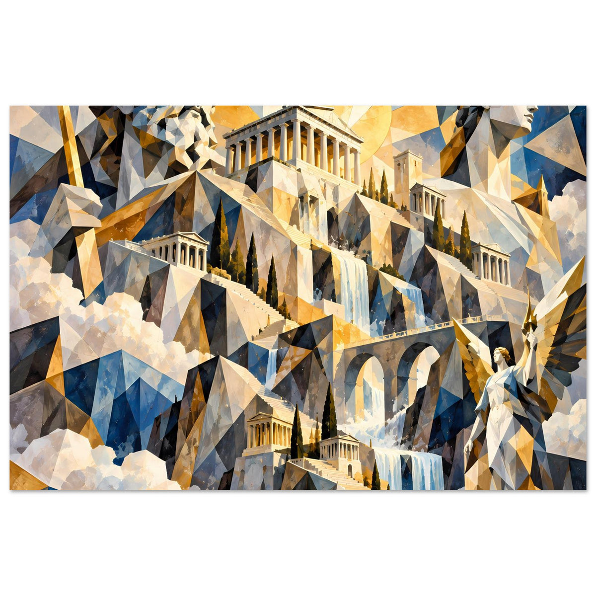 Poster mit Tempelarchitektur und Wasserkaskade, abstrahierte Statue und Sonnenburst in Blau