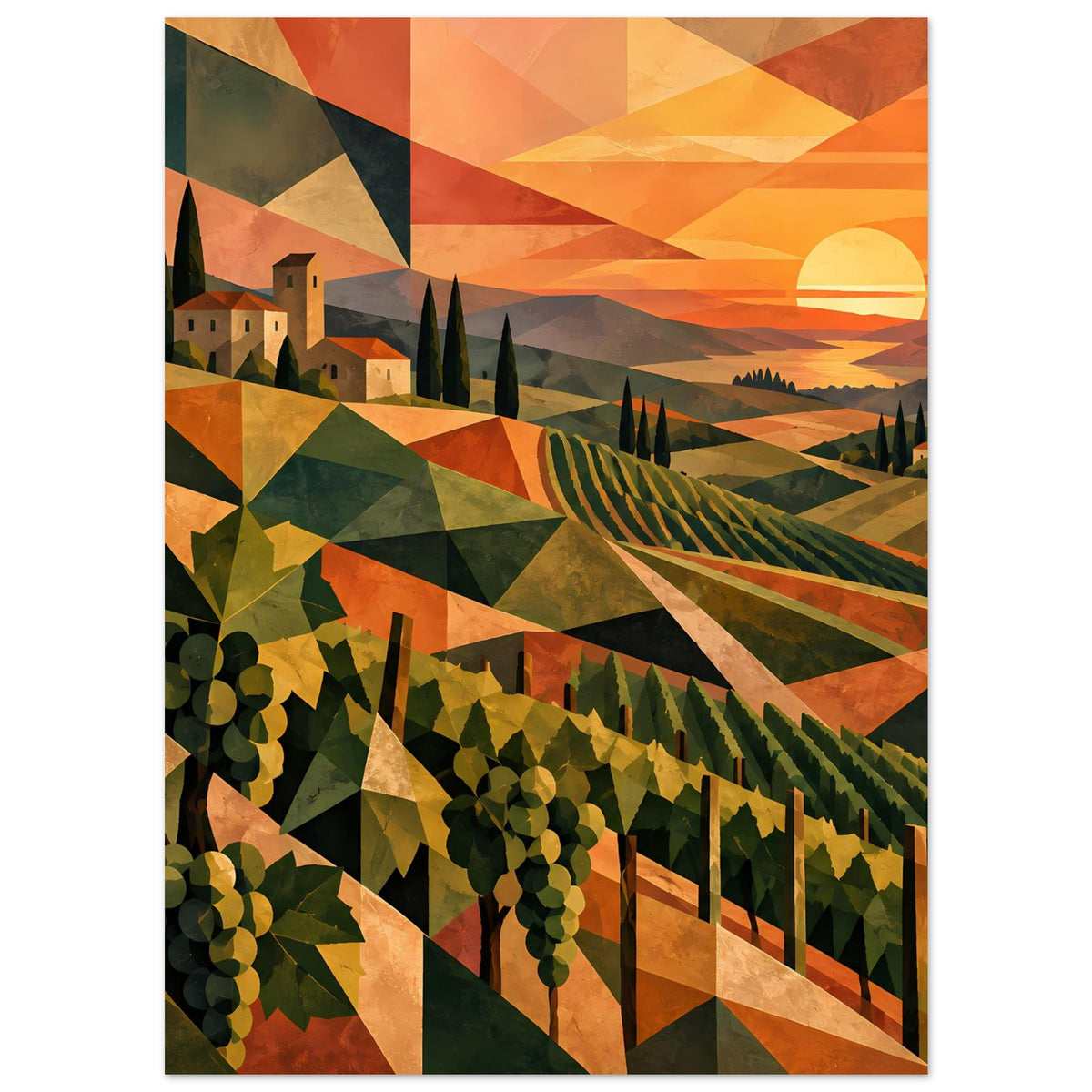 Poster mit Weingartenlandschaft im geometrischen Muster, Abendhimmel und Sonne am Horizont