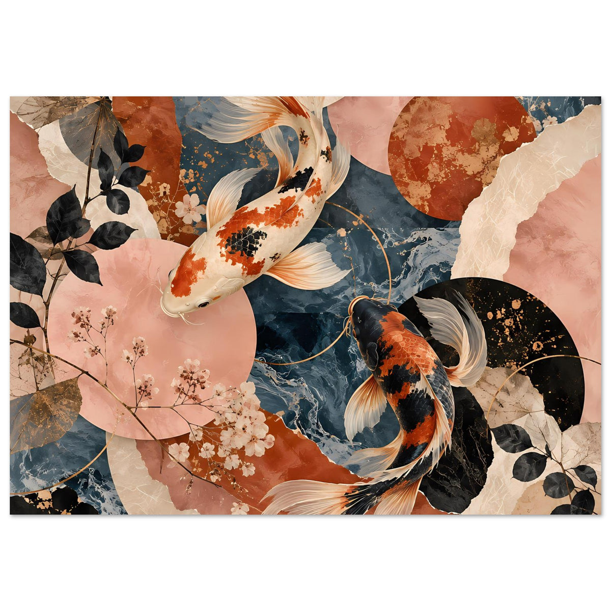 Wandposter mit Koi-Fischen im Terrakotta- und Dunkelblau-Design, querformat