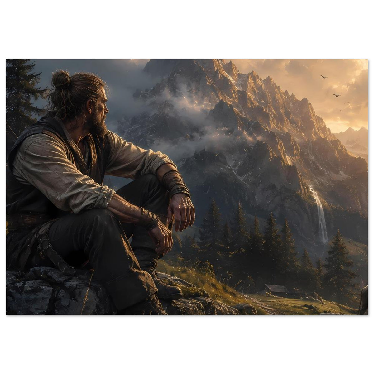 Poster: Wanderer sitzt am Fels, Bergpanorama mit warmem Himmel und Dunst