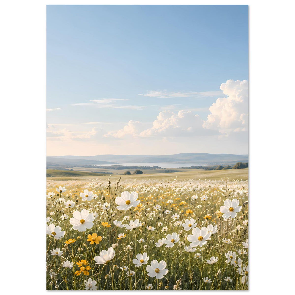 Wandposter (hochkant) mit blühender Blumenwiese aus weißen Margeriten vor wolkenreichem Himmel
