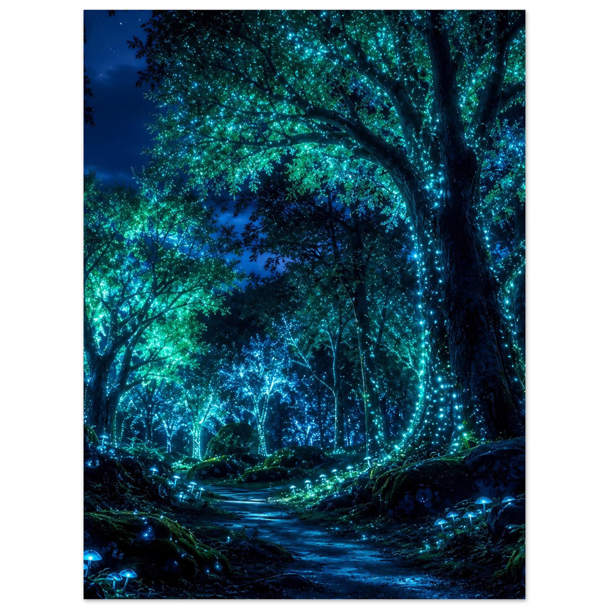 Wandposter mit Waldpfad und blau-grünen Lichtpunkten, große Baumkrone rechts sichtbar