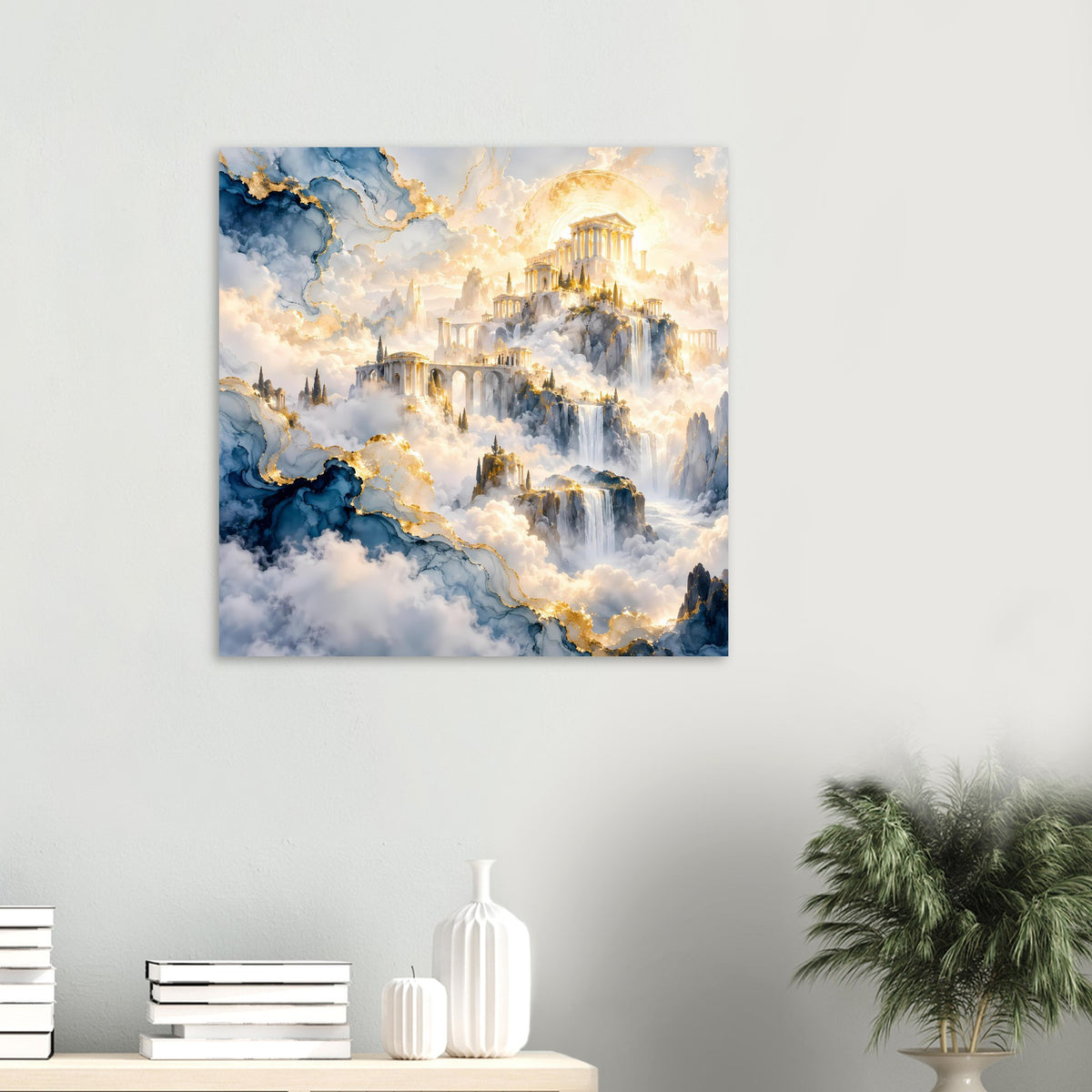 Kleines quadratisches Poster mit gold beleuchteter Tempelstadt, blauem Nebel und Wasserfällen