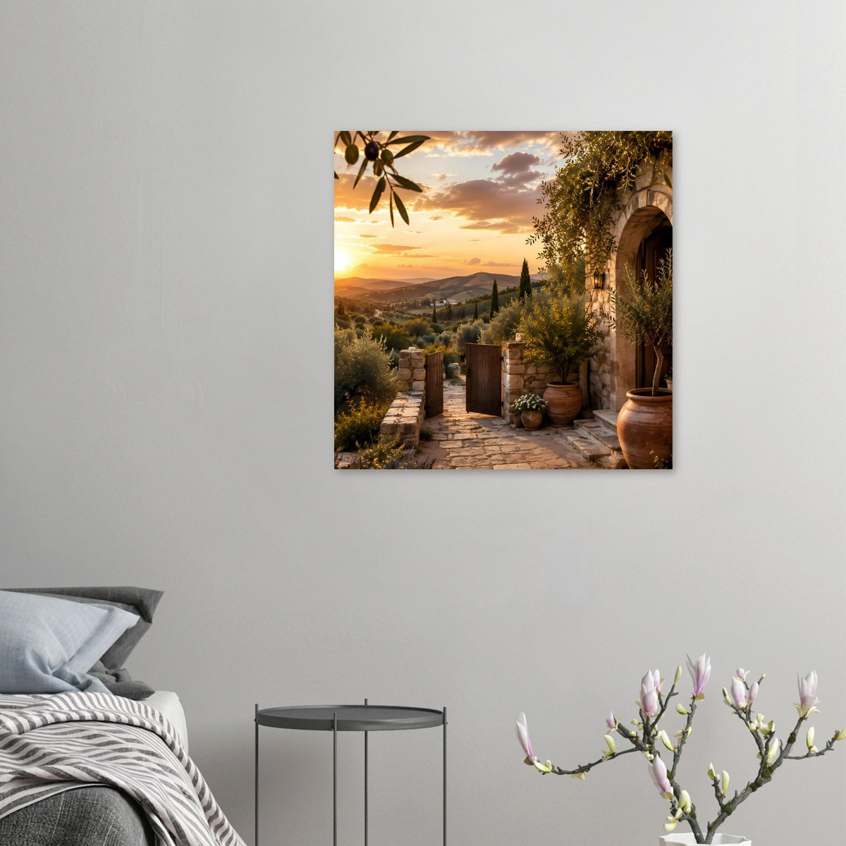 Kleines Poster mit toskanischer Landschaft bei goldenem Sonnenuntergang, Steintreppe und Holztor