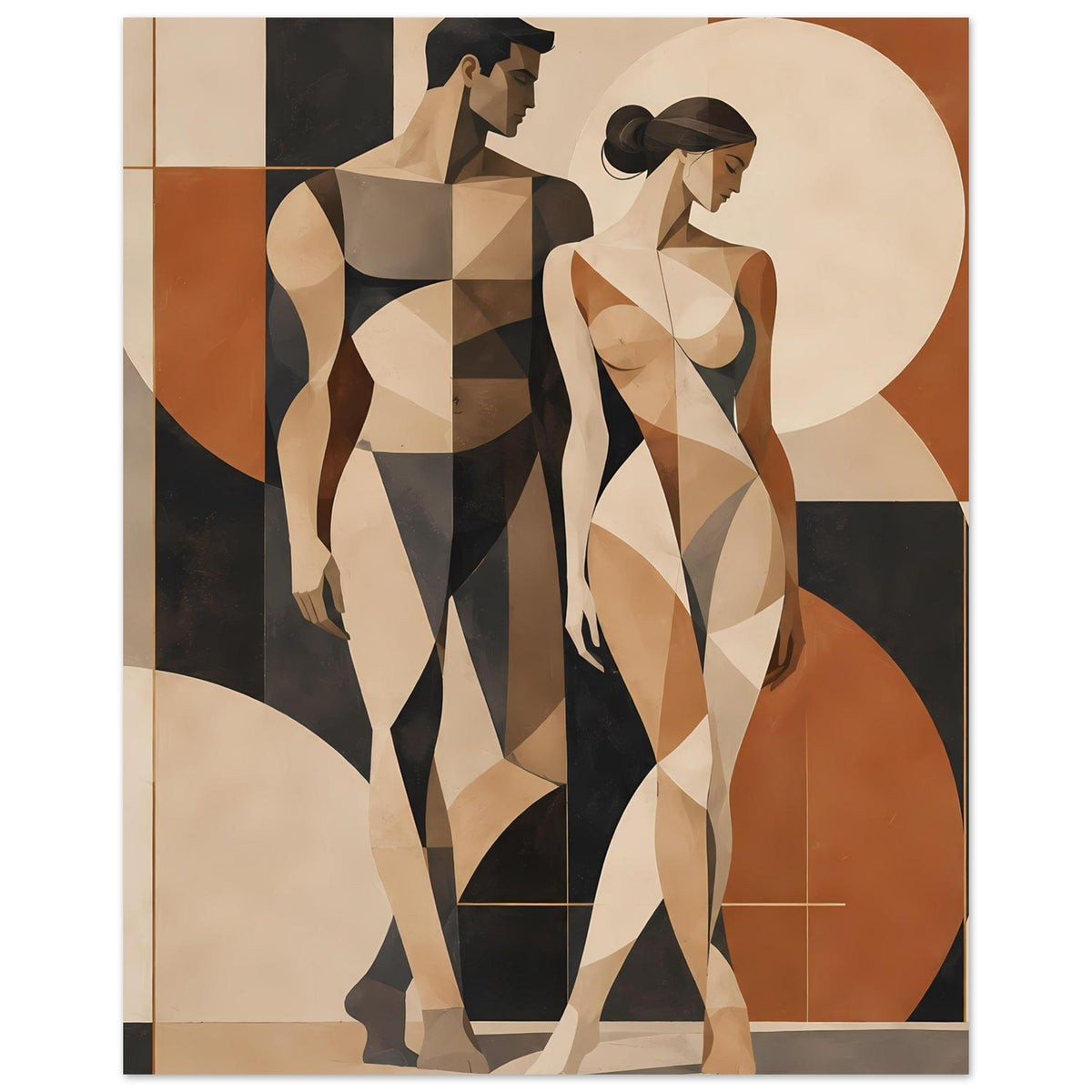 Kunstdruck mit geometrischem Aktfigurenpaar, stehende Figuren im Stil von Cubismus