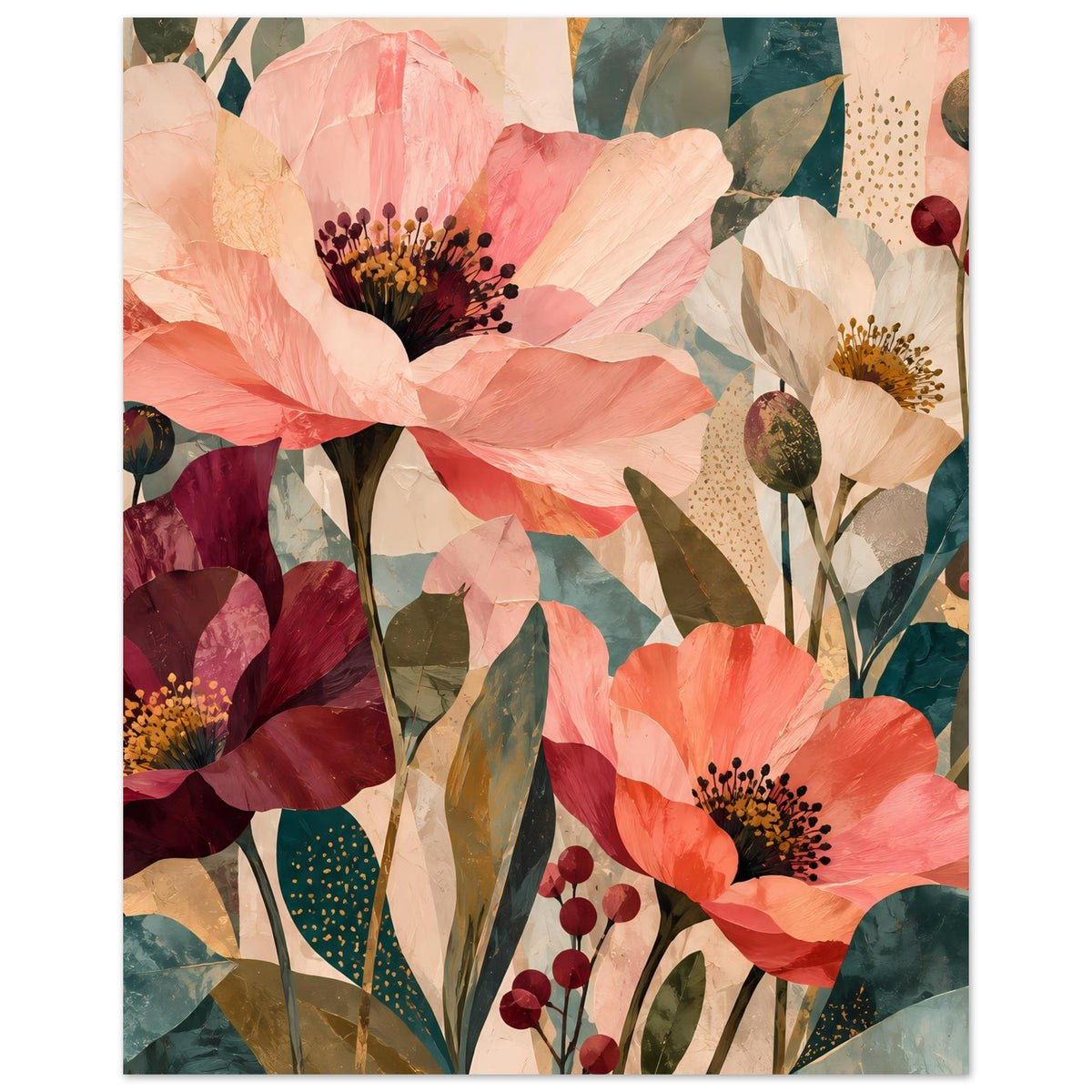 Blumen-Artposter mit Korallen- und Rosatönen, Burgunderblüten und grünen Blättern