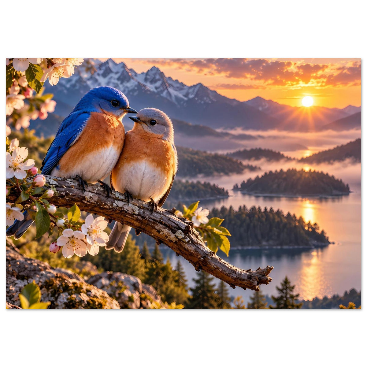 Poster mit zwei Vögeln auf Ast und Baumblüten links, warmes Sonnenlicht über See