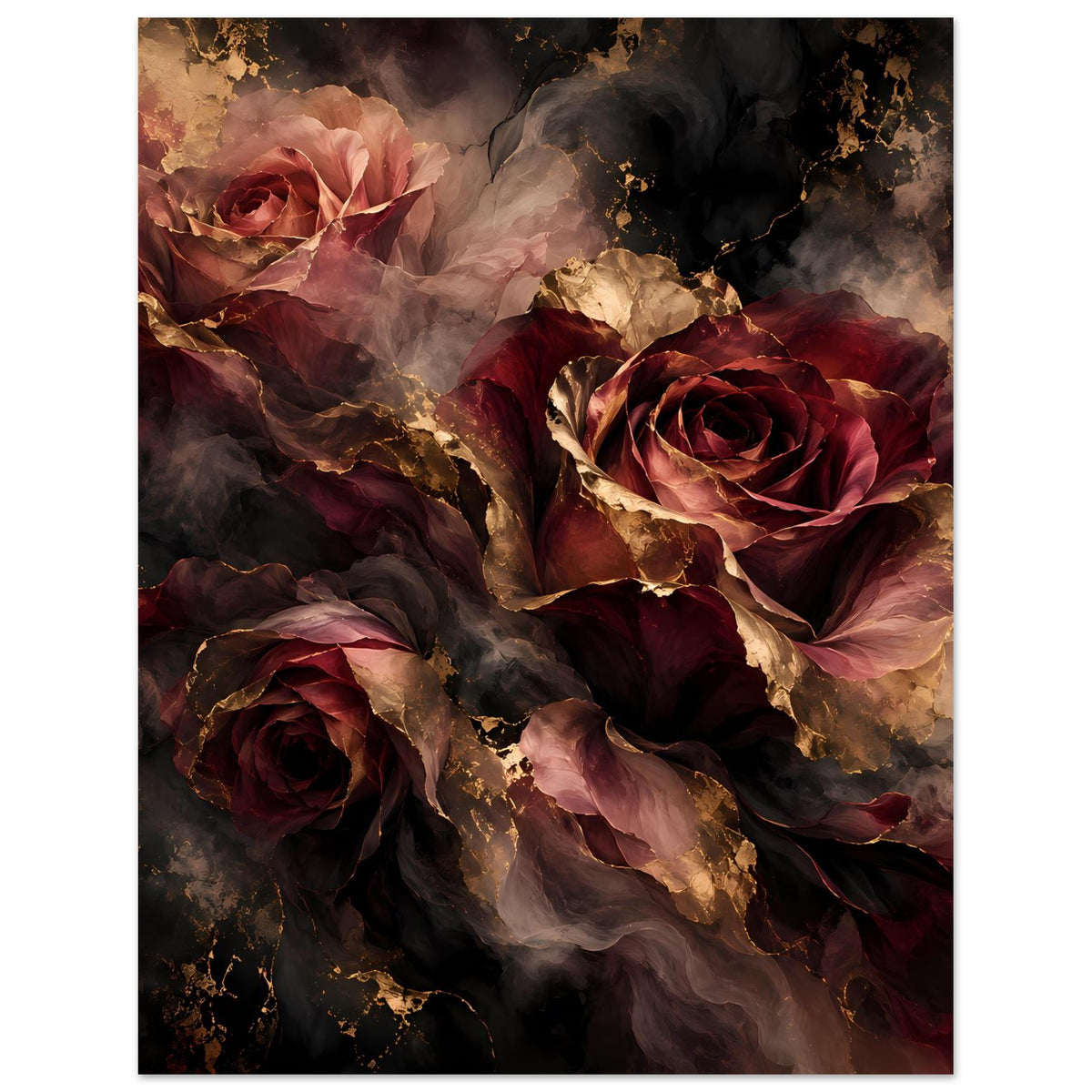 Hochformat-Poster: Rosen in Dunkelrot mit goldfarbenen Akzentflächen