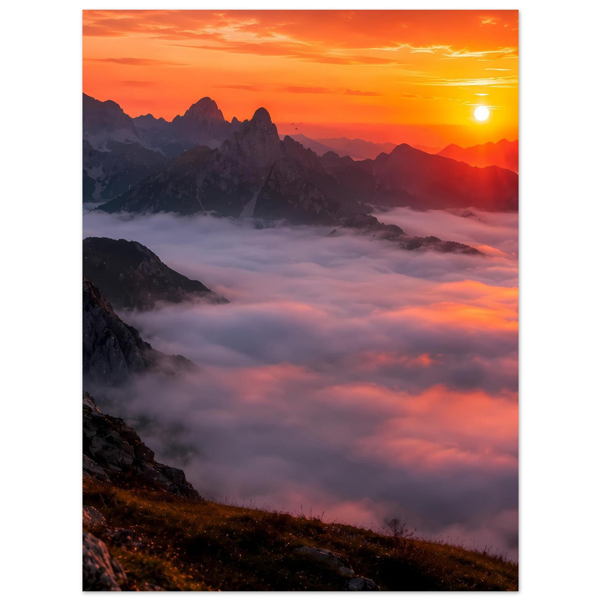 Vertikales Berglandschafts-Poster mit Sonnenuntergang, Nebel und Felsen im Vordergrund.