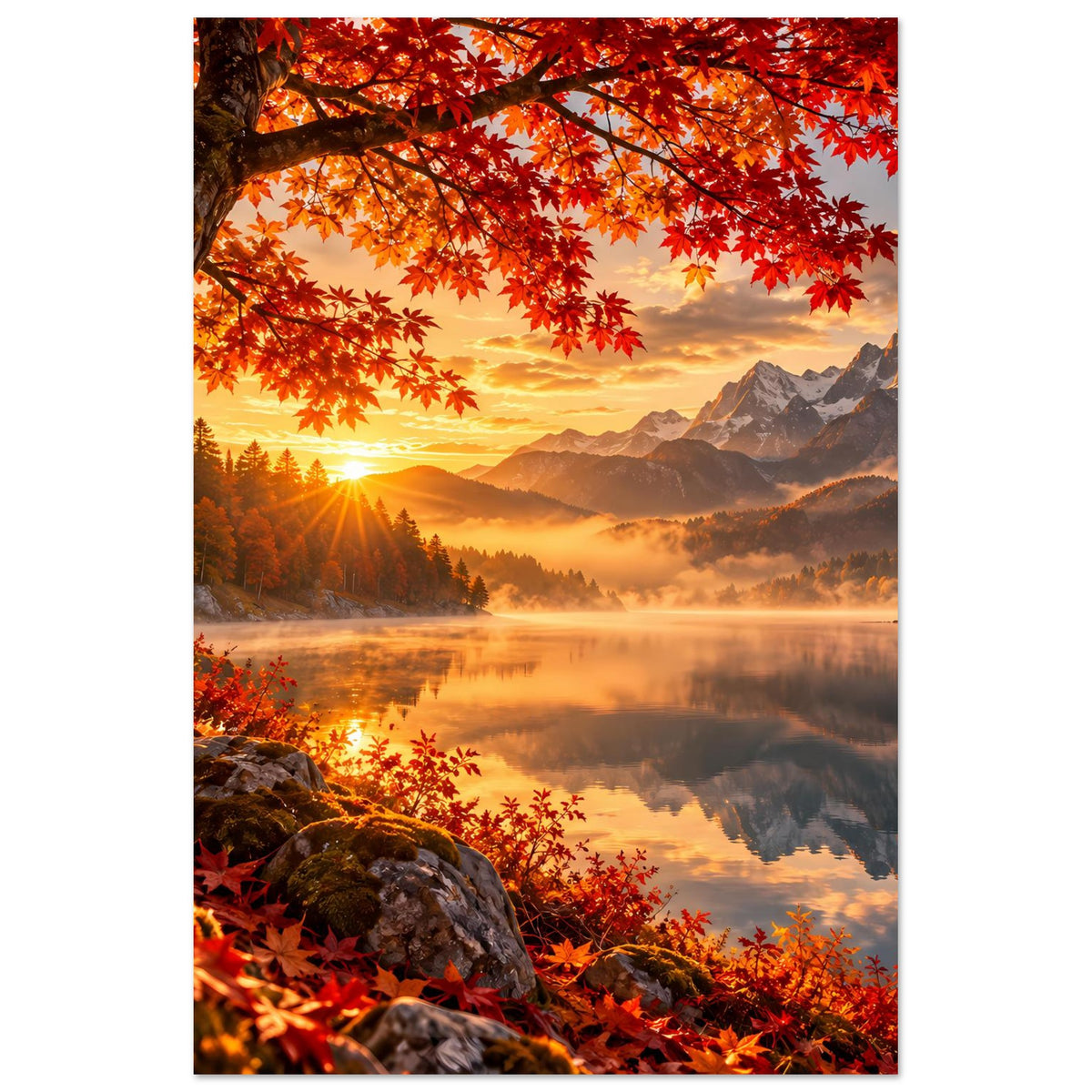 Vertikales Poster Herbst-Sonnenaufgang mit rotem Blätterdach, Bergen und Nebellandschaft.