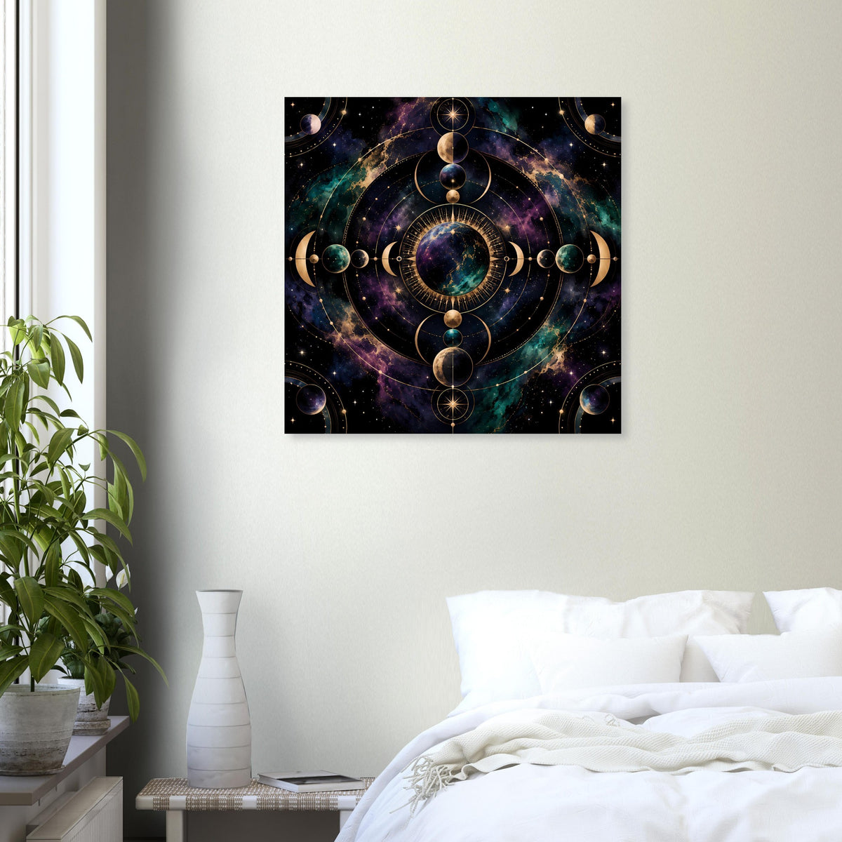 Wandposter mit kosmischen Mondphasen-Kreisen und Sternen im schwarzen Rahmen