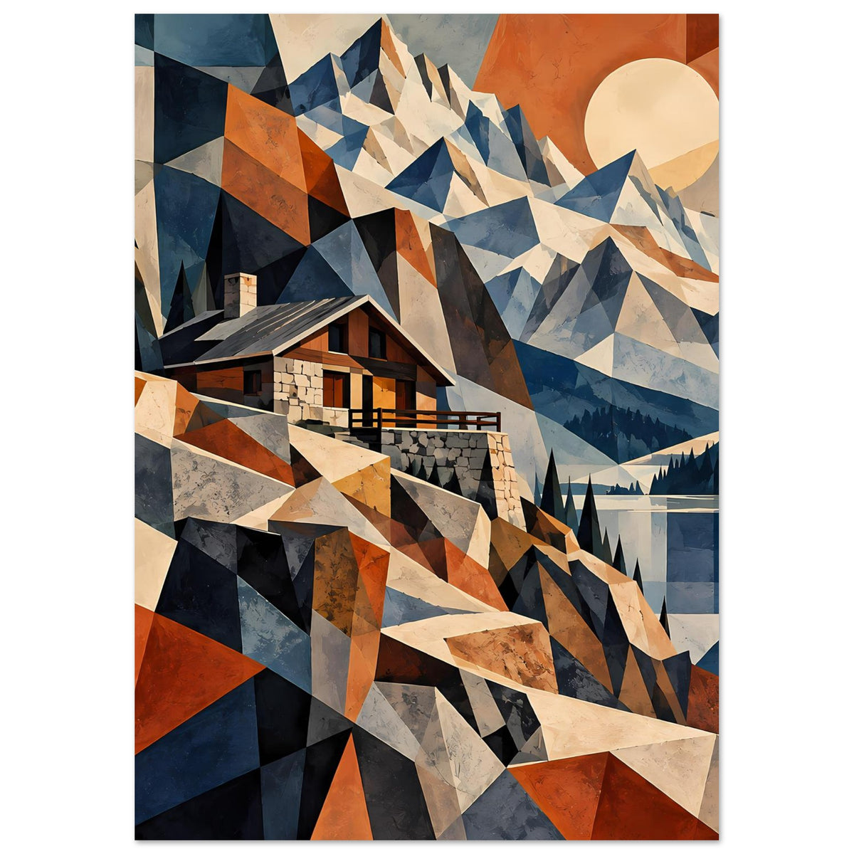 Poster mit geometrischer Berglandschaft und markantem Haus, Farbflächen in Blau, Rostrot und Beige