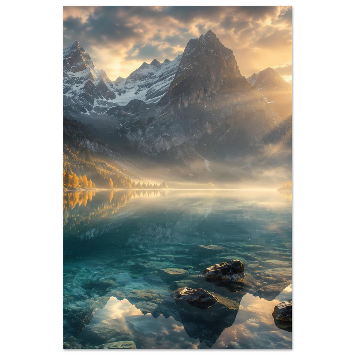 Vertikales Landschaftsposter: Bergtal mit Schneegipfeln, goldenem Licht, türkisfarbenem Wasser und Felsen