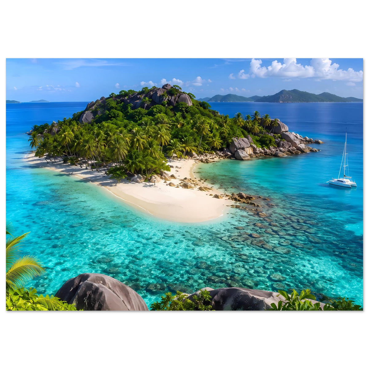 Tropeninsel-Strand Poster im Querformat mit Sandbucht, Palmen und türkisblauem Meer