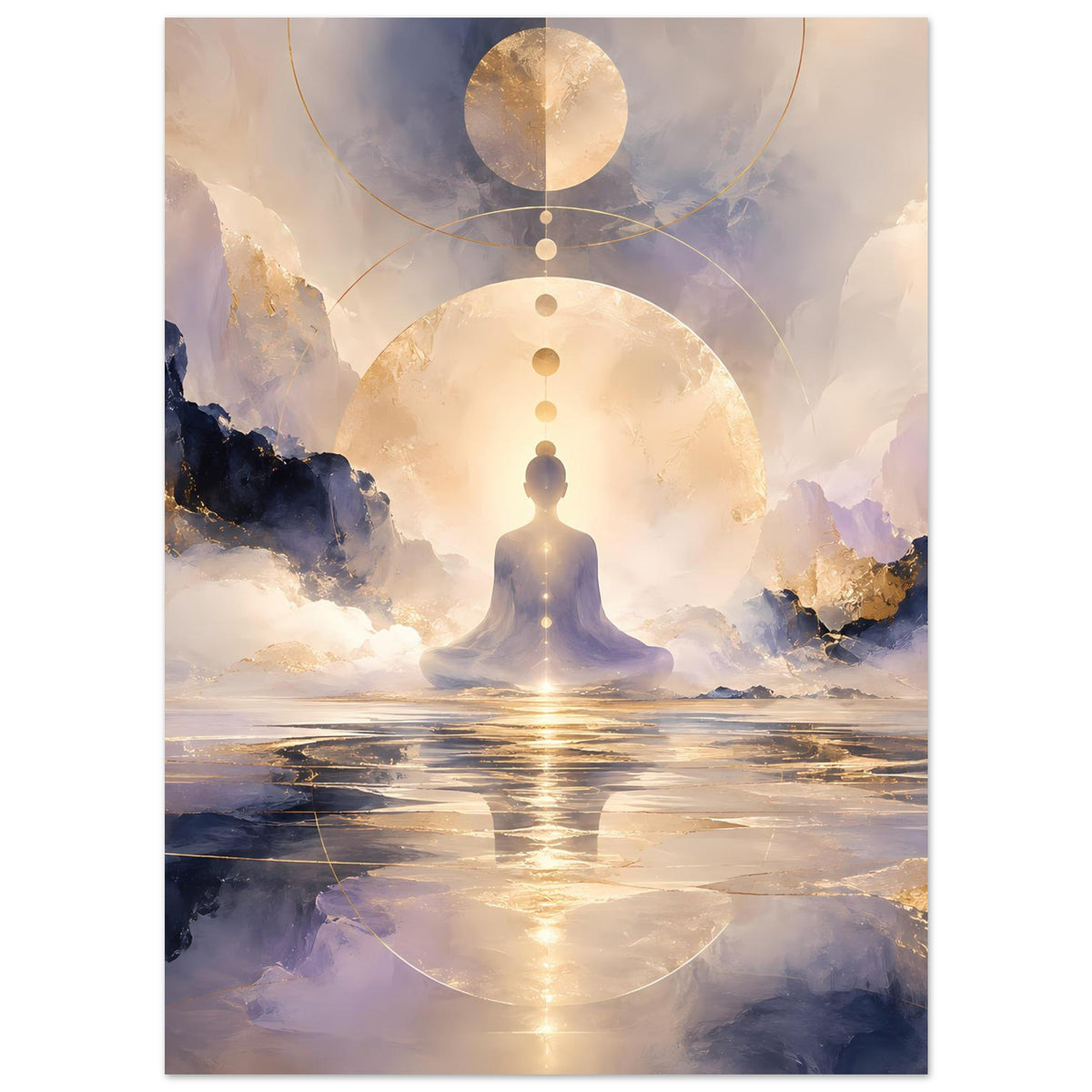 Meditationsposter: Silhouette im Meditationssitz, Goldmond und Kreisornamente vor Wolkenmeer.