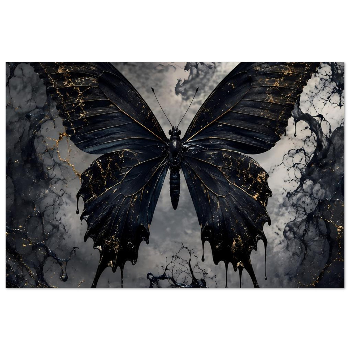 Poster mit schwarzem Schmetterling, goldene Adern und klar gezeichnetem Körper, mittig