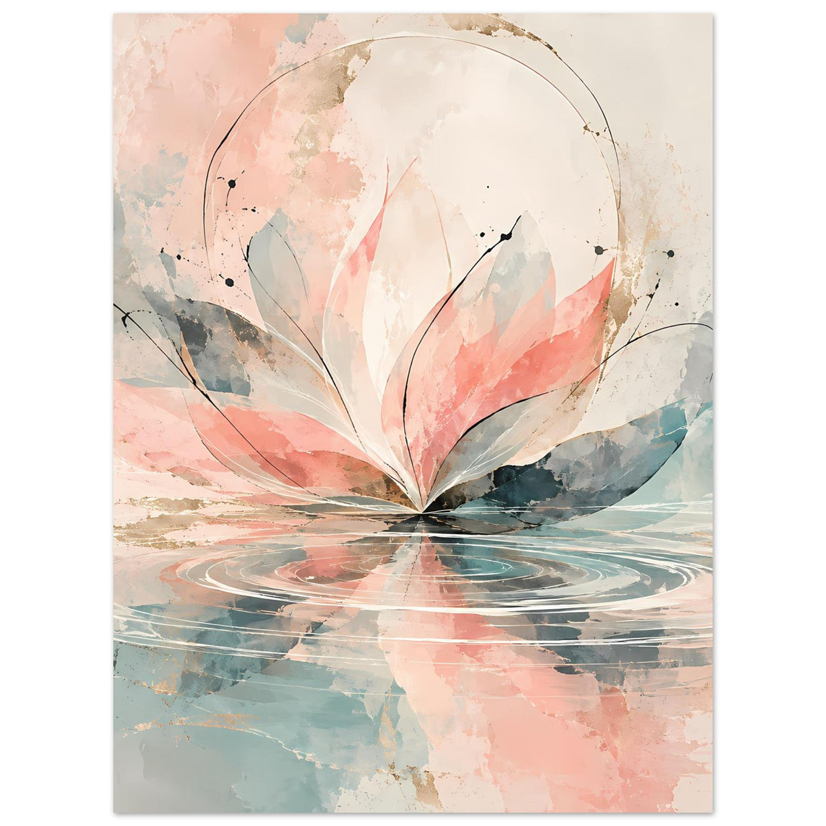 Aquarellblüten-Kunstposter, rosafarbene Blätter und pastellblaue Flächen, umrandeter Kreis im Motiv