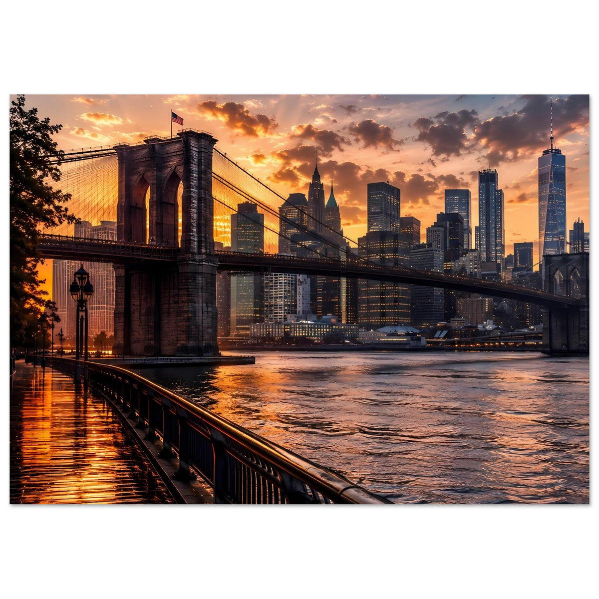 Horizontales Poster mit Brooklyn Bridge, Fluss und Manhattan-Skyline im Abendlicht