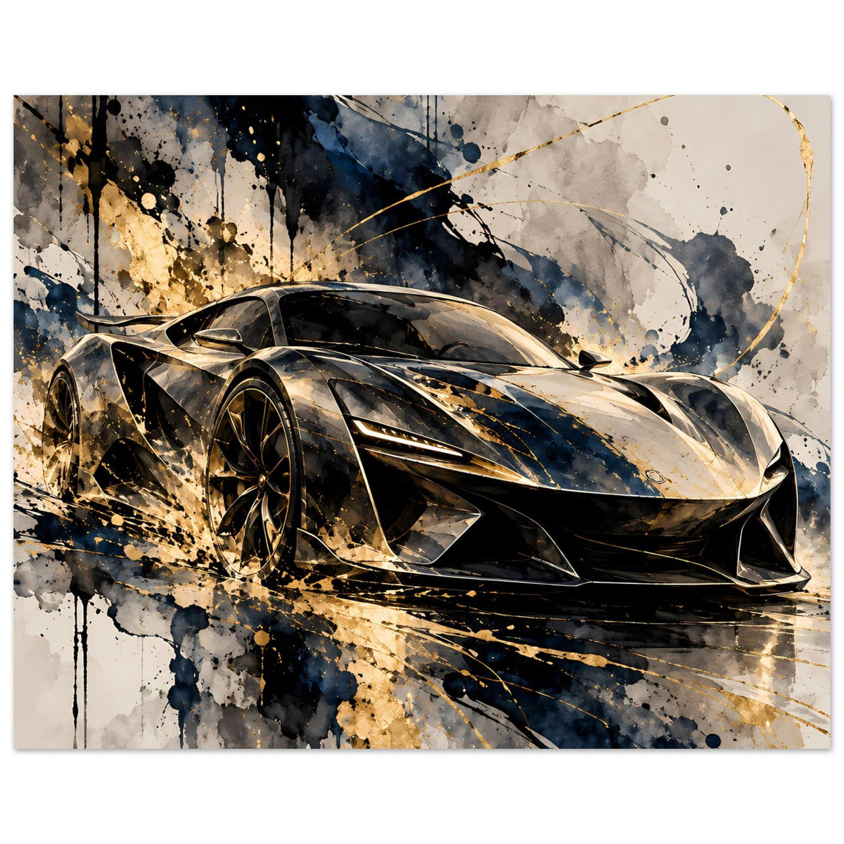 Poster mit Supersportwagen in Schwarz-Gold, abstrakte Spritzfarbe, breiter Blick