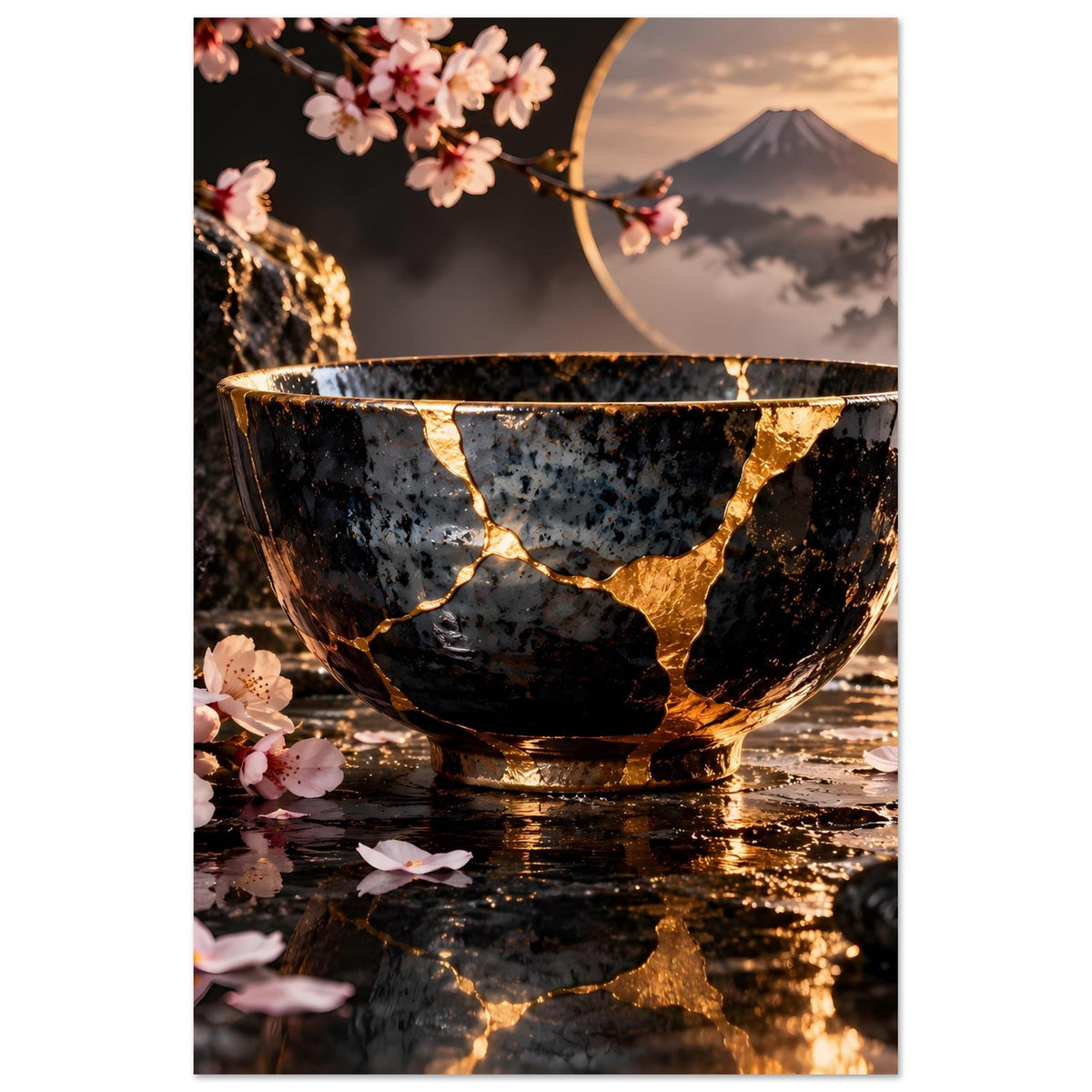Kintsugi-Elegance-Poster (hochkant) mit schwarzer Schale, goldenen Rissen und Kirschblüten
