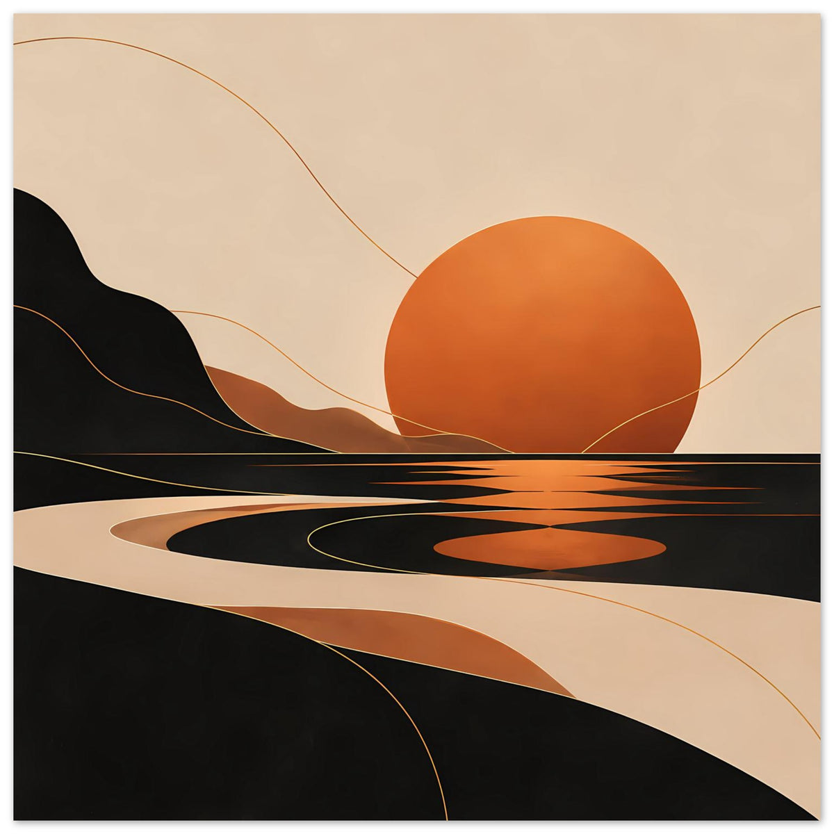 Kunstposter im Hochformat: orange Sonne, schwarze Dünen und geschwungene Linien in Erdtönen