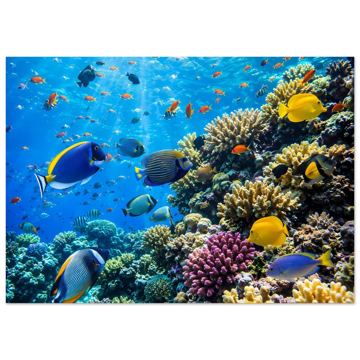 Poster mit Korallenriff und tropischen Fischen, großflächige Korallen und gelbe Fische