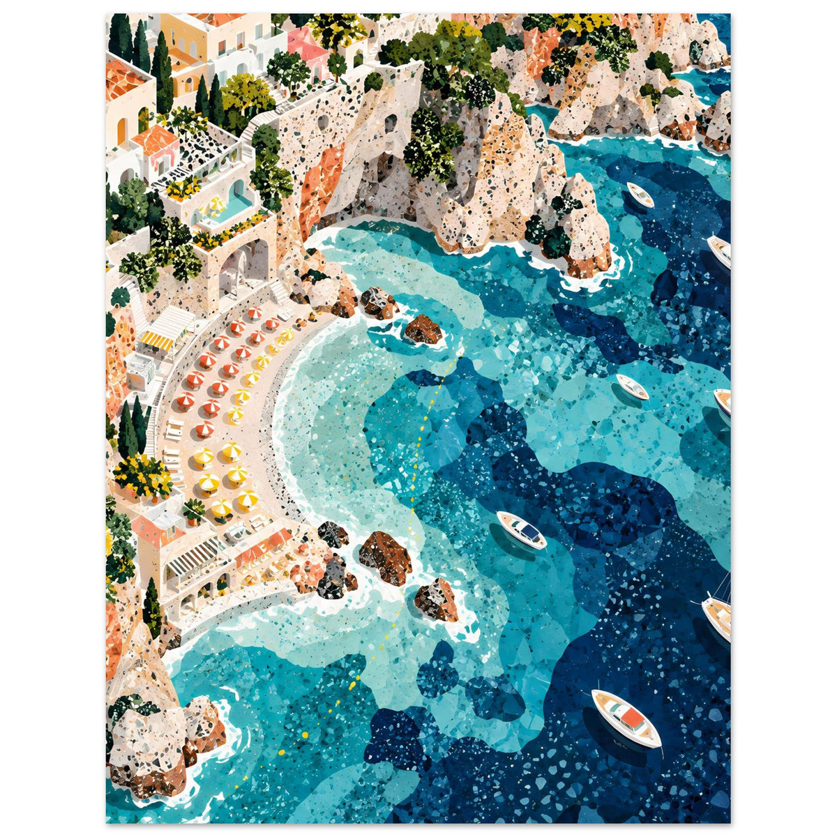 Mediterrane Küstenlandschaft mit Villen, sonnigen Felsklippen und türkisblauem Meer in Mosaikoptik – Posteransicht 3