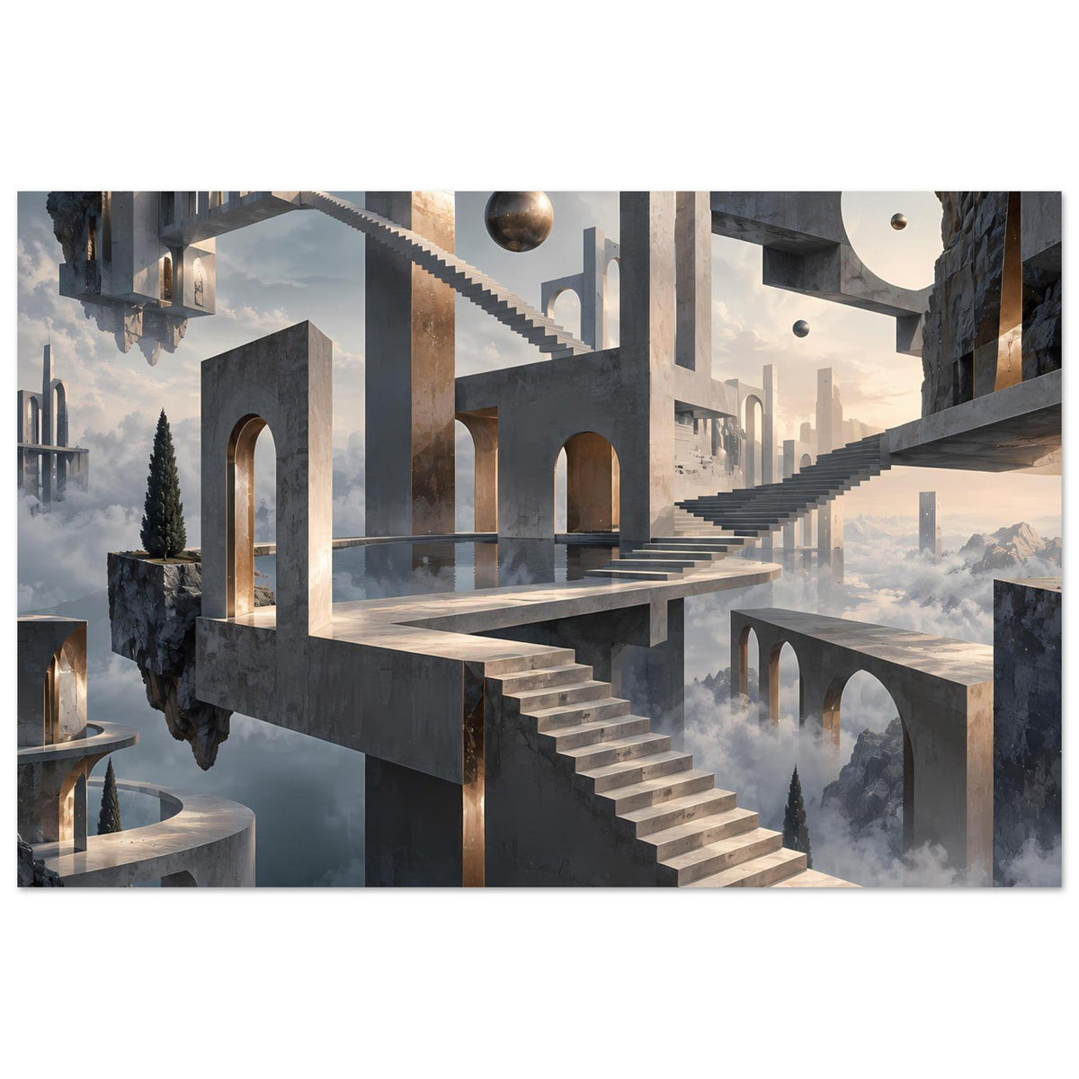 Architekturposter mit schwebender Treppe und goldenen Torbögen, düstere Steinarchitektur