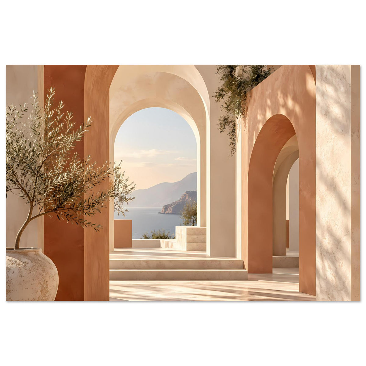 Poster mit mediterranen Bögen, linkem Olivenzweig und Blick durch die Arkaden ins Wasser