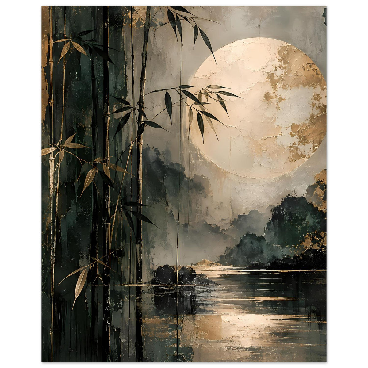Naturposter mit Bambus und Ufervegetation, Vollmond über dunklem See