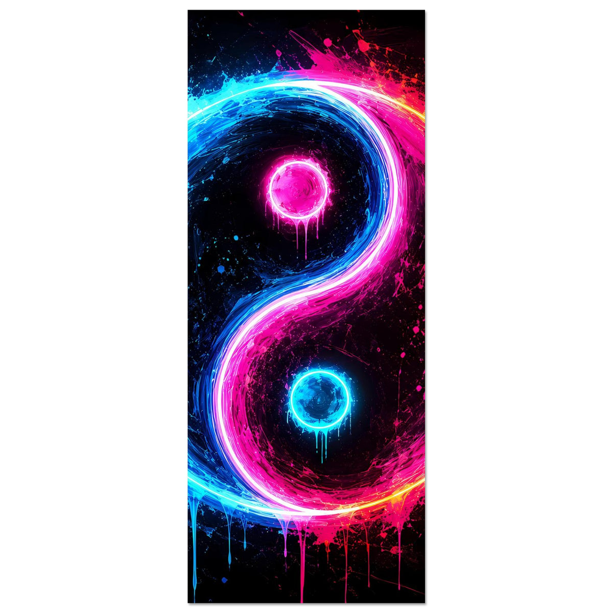 Vertikales Yin-Yang-Leuchtposter in Neonblau und Pink mit Farbspritzern, schmaler Ausschnitt