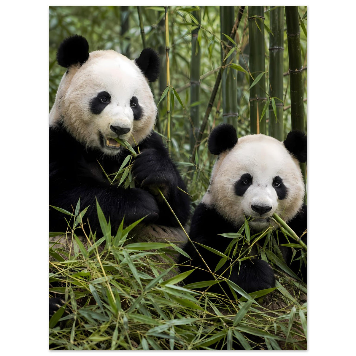 Poster mit zwei Pandas im Bambusgras, Blick auf die Gesichter und Pfoten