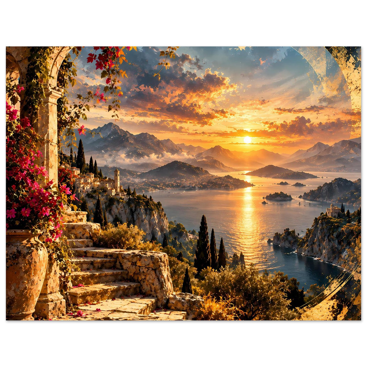 Küstenposter mit warmem Sonnenuntergang, ruhigem Wasser, Bergkette und Uferweg