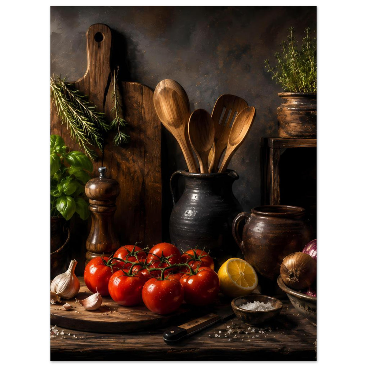 Küchen-Still-Life Poster mit Holzlöffeln, dunklen Töpfen und roten Tomaten, Kräutern