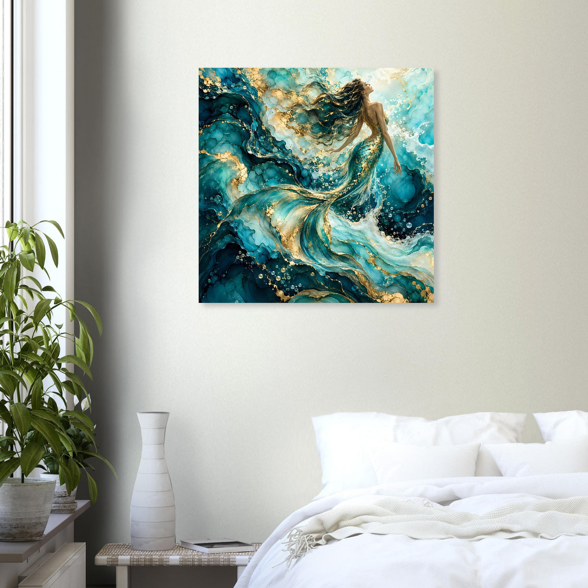 Kunstposter Meerjungfrau im Wasser, türkise Farbflächen mit goldener Schleppe