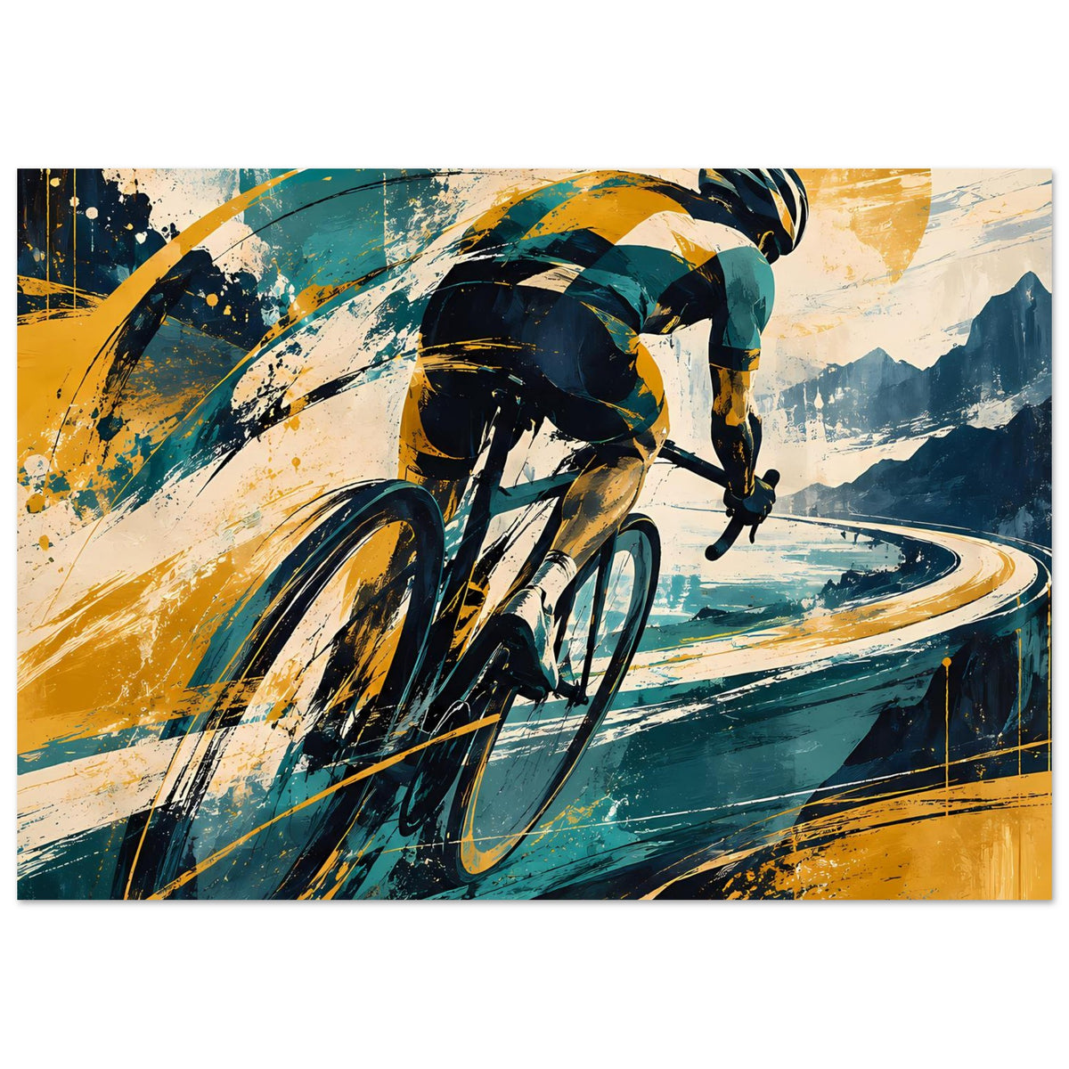 Horizontaler Sportposter-Druck: zwei Radfahrer-Ansichten, kurvige Straße und Berge