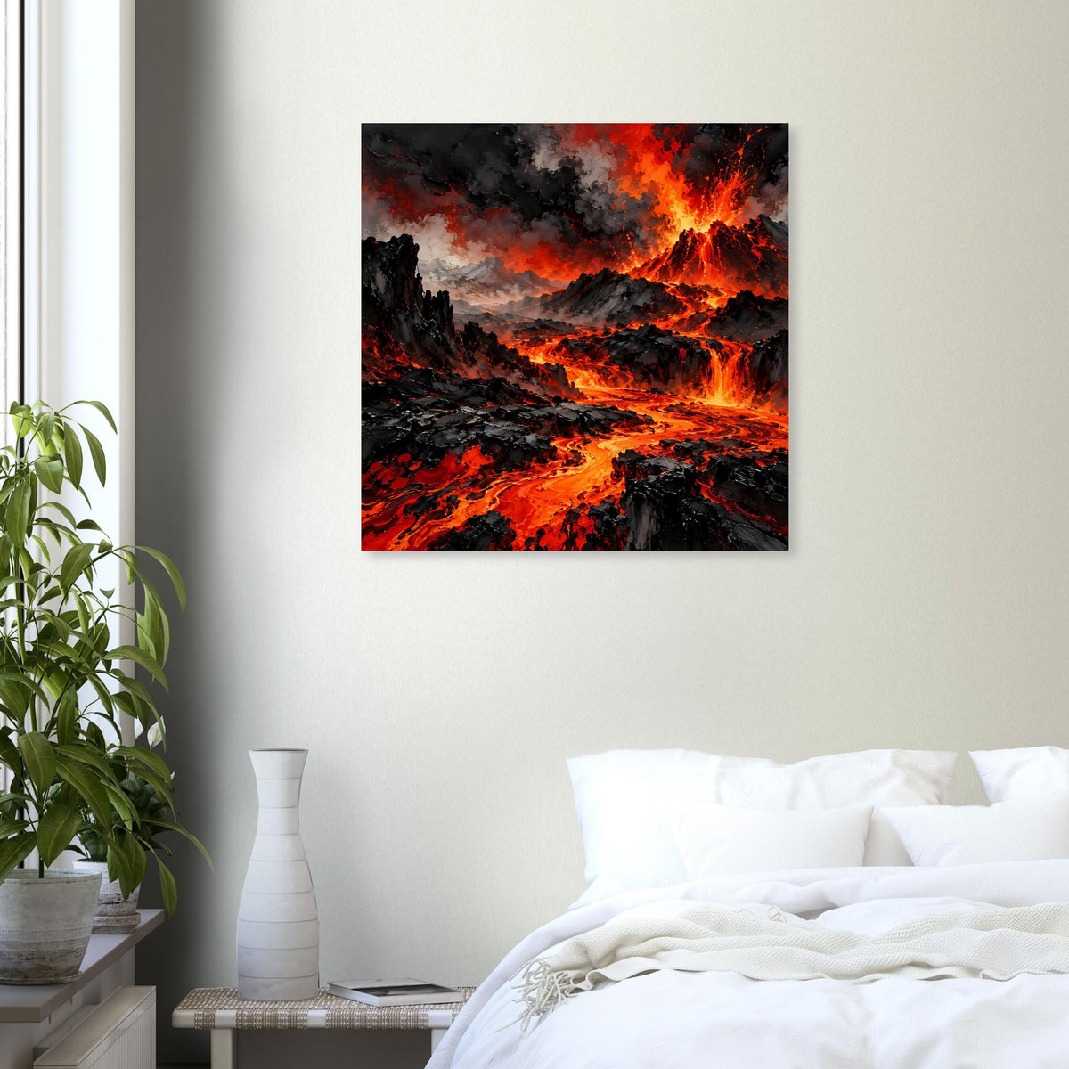 Poster zeigt Vulkaneruption mit Lavafluss, dunklen Bergen und orangefarbenem Feuerkranz.