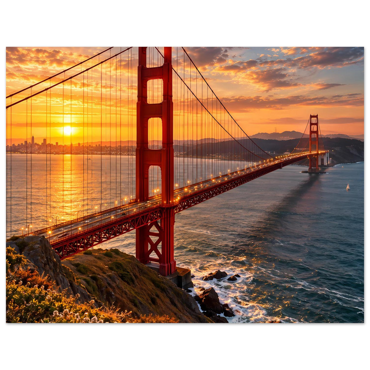 Wandposter mit Golden Gate Bridge bei Sonnenuntergang, rot beleuchtete Türme, Querformat