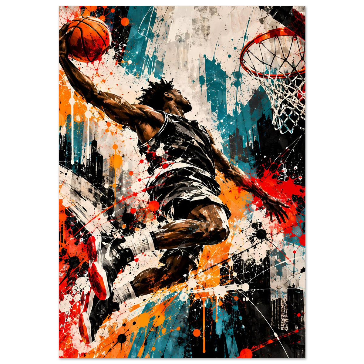 Basketball-Poster im Splash-Art-Look: dynamischer Spieler mit Ball und Netz