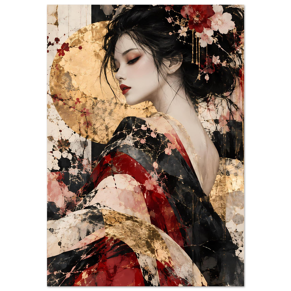 Asiatisches Kunstposter mit Frau in Rot, Rosé und Gold
