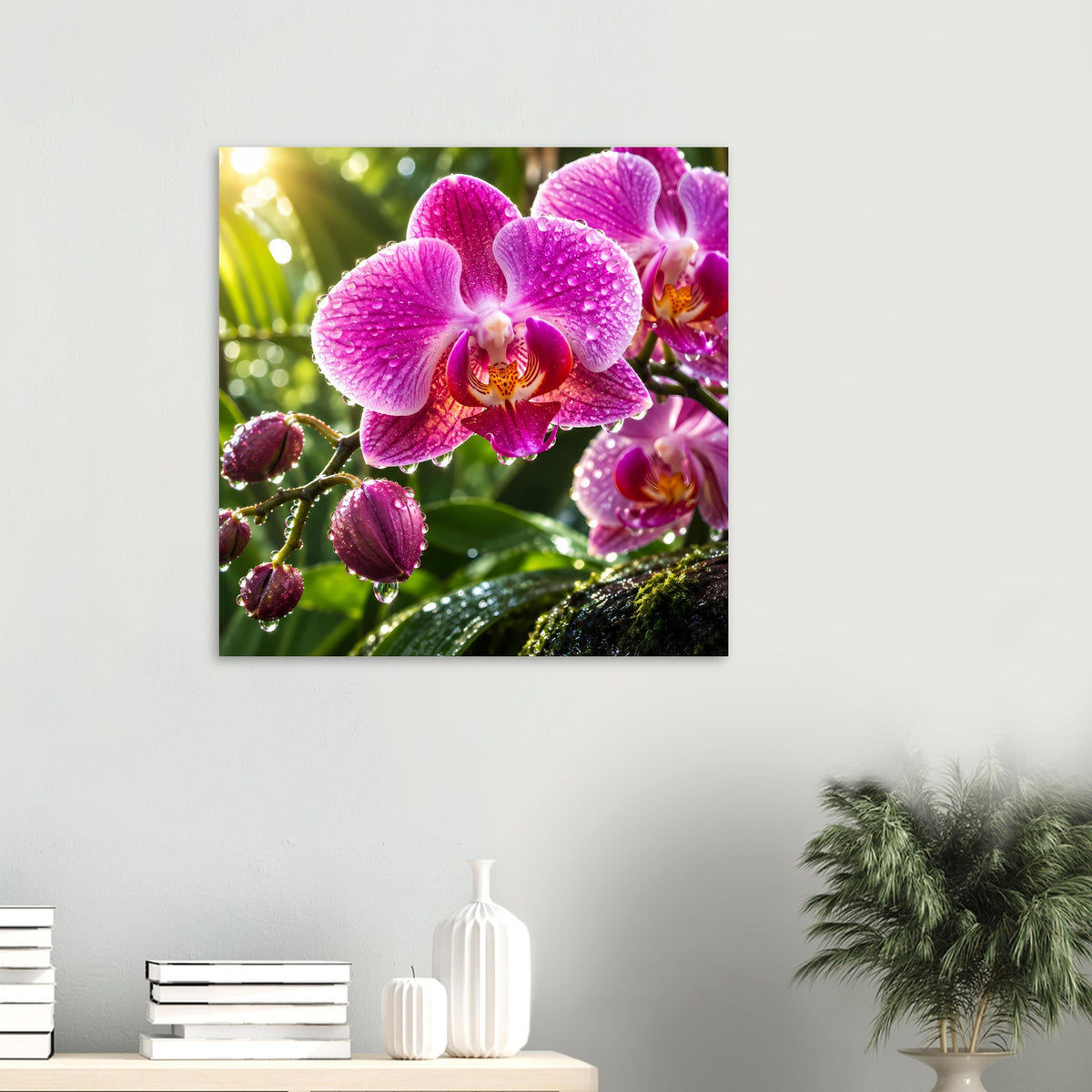Quadratisches Poster mit pinken Orchideen und glitzernden Wassertropfen auf Blättern