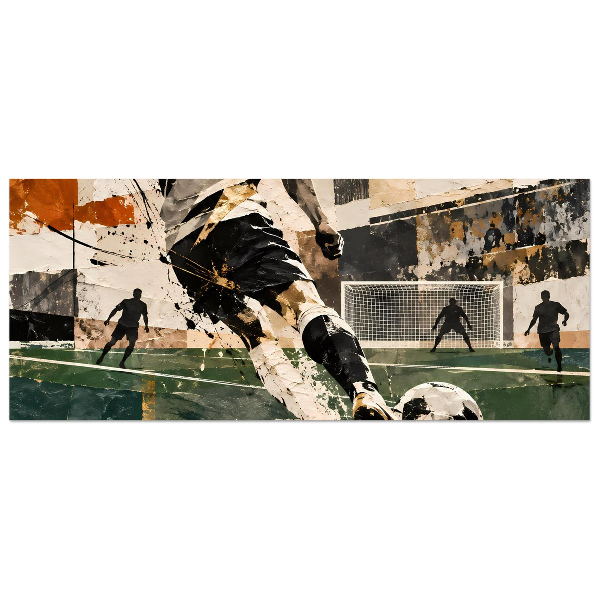 Horizontales Kunstposter mit abstraktem Fußballmotiv, Spieler und Ball, grünlicher Rasen und goldene Akzente