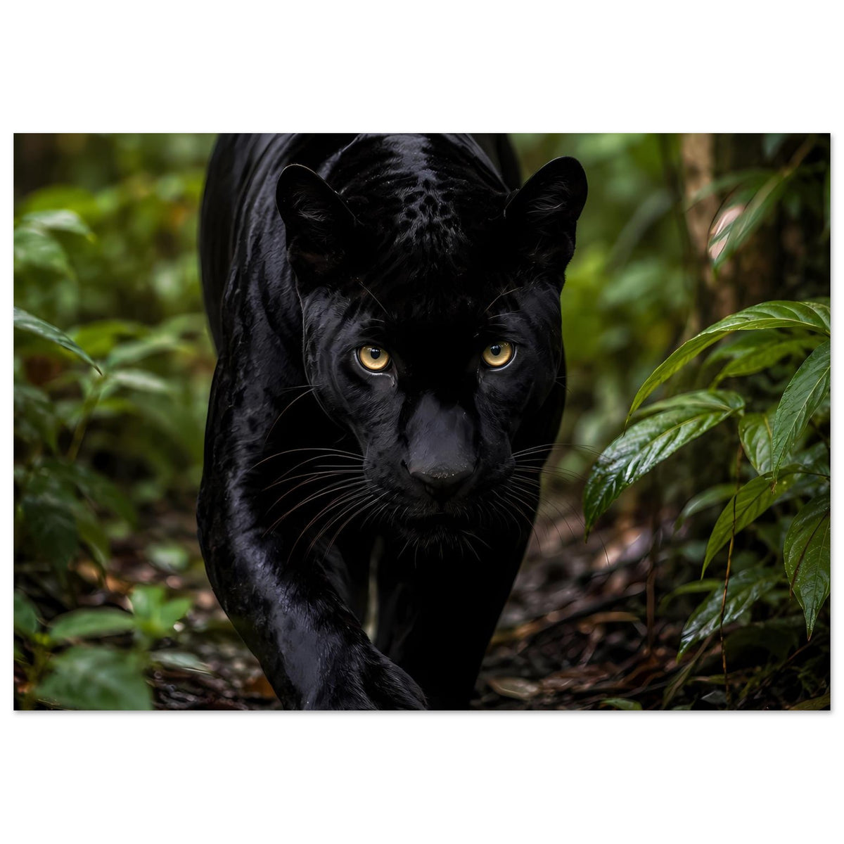 Poster mit schwarzem Panther, halbnah, vor grüner Vegetation