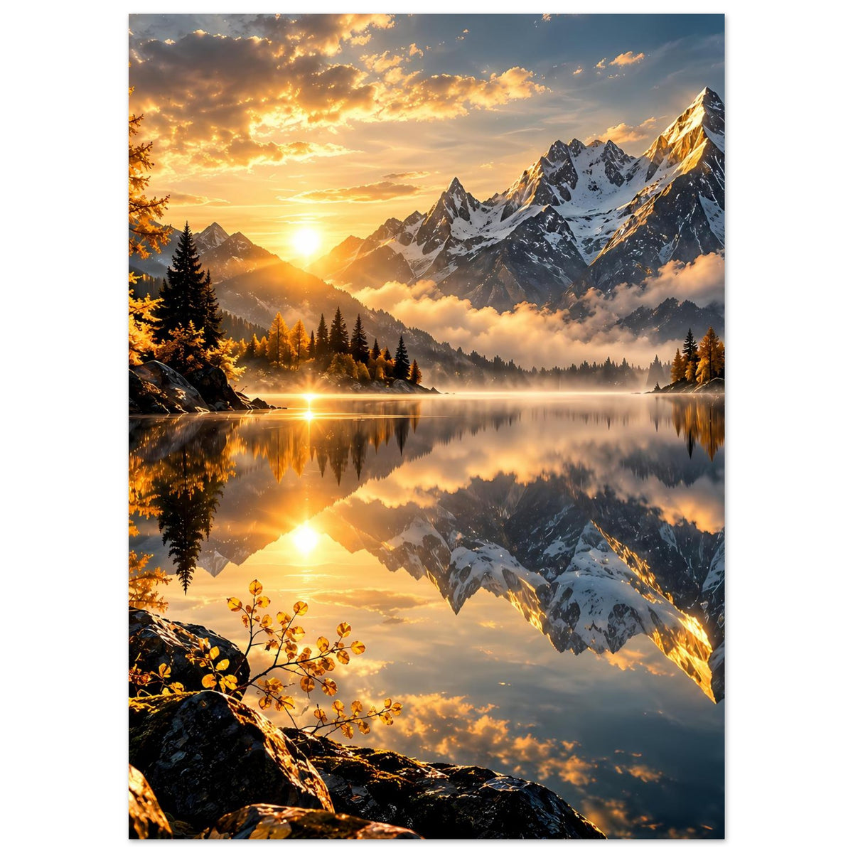 Vertikales Poster mit goldenem Sonnenaufgang, spiegelnde Berge und Felsufer unten